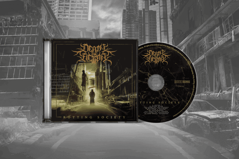 CD-Album "Rottende Gesellschaft" von Hicktown Records mit düsterem Stadtbild im Hintergrund.